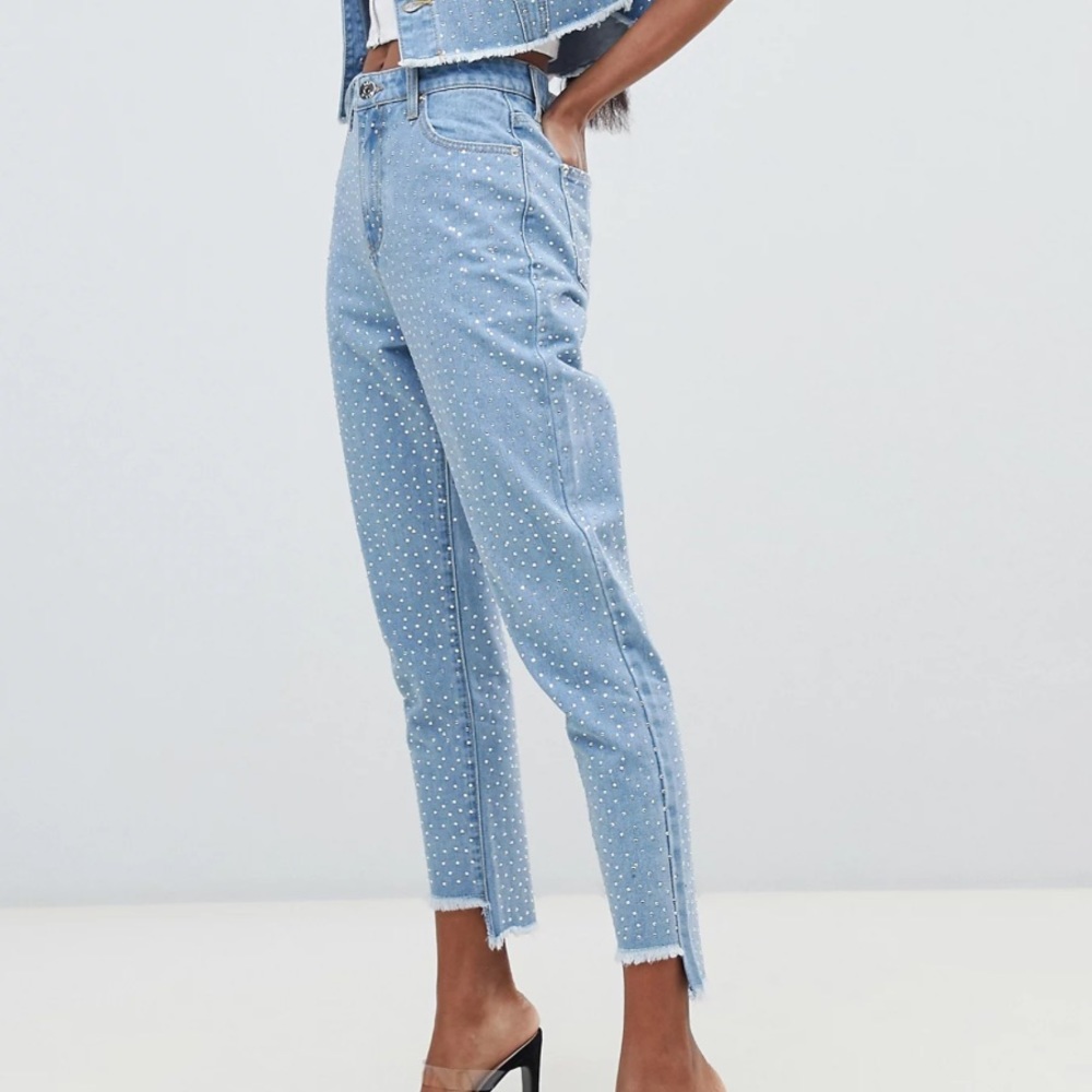 Liquor N Poker rhinestone step hem mom jeans